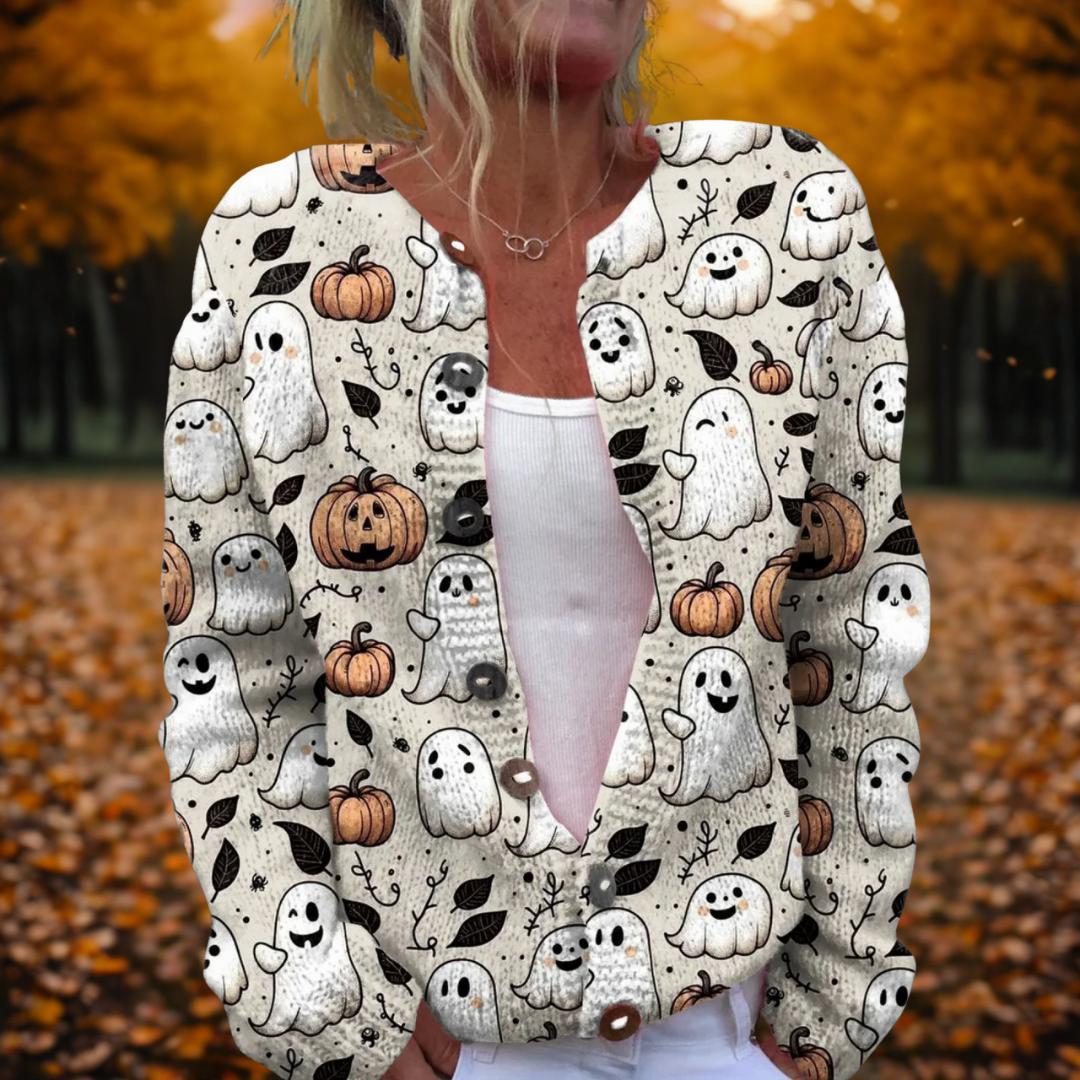 Bridgitte | Luxe Zachte Gebreide Cardigan Met Halloween Print