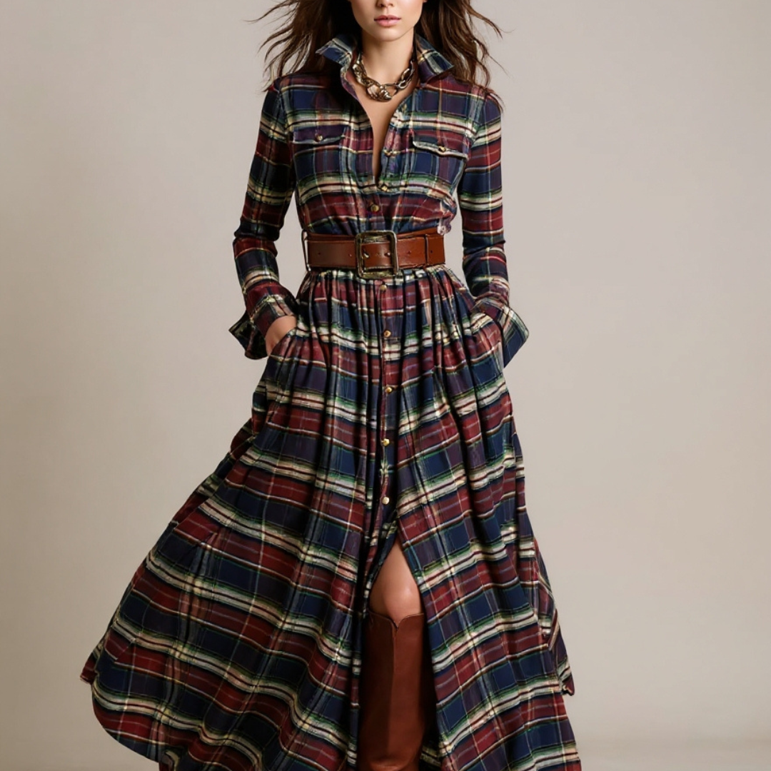 Giovanna | Retro Maxi Jurk met Ruitpatroon en Tailleband