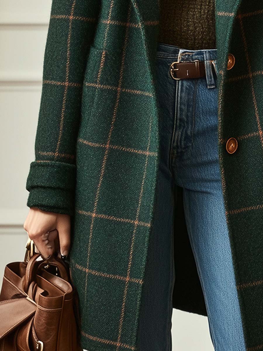 Dames Retro Revers Geruite Tweed Jas