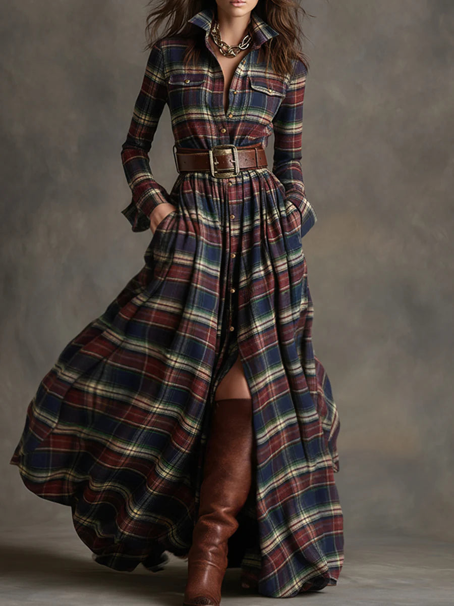 Giovanna | Retro Maxi Jurk met Ruitpatroon en Tailleband