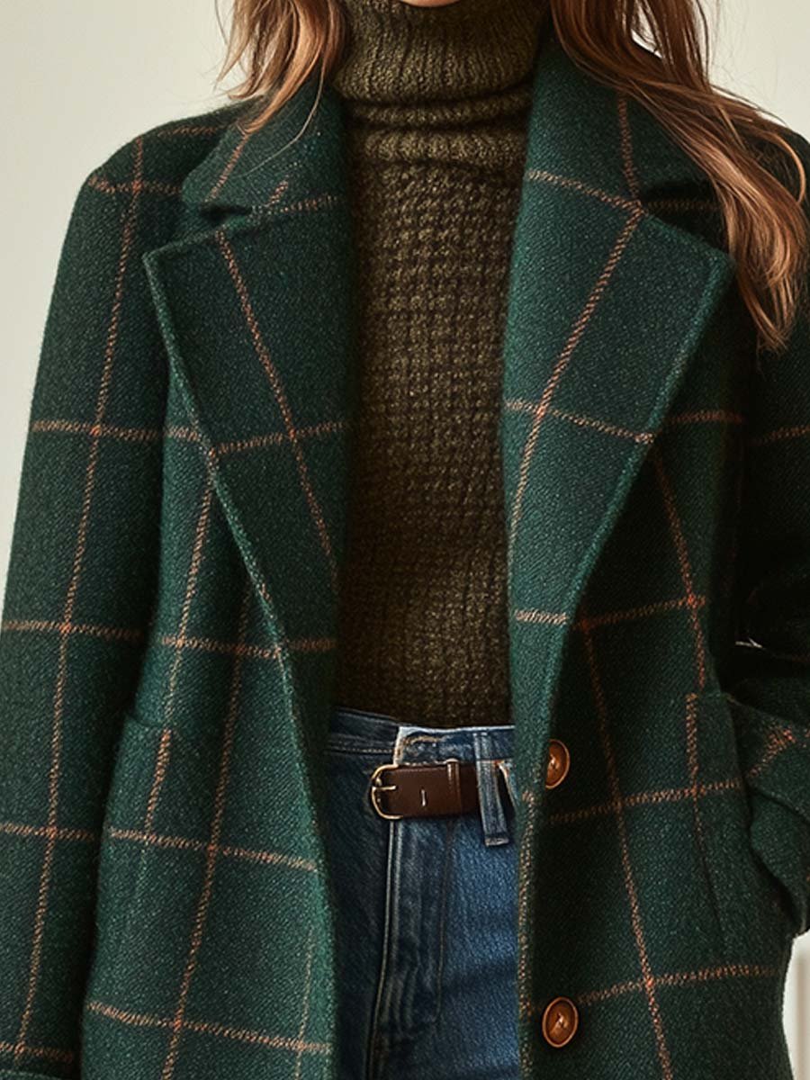 Dames Retro Revers Geruite Tweed Jas