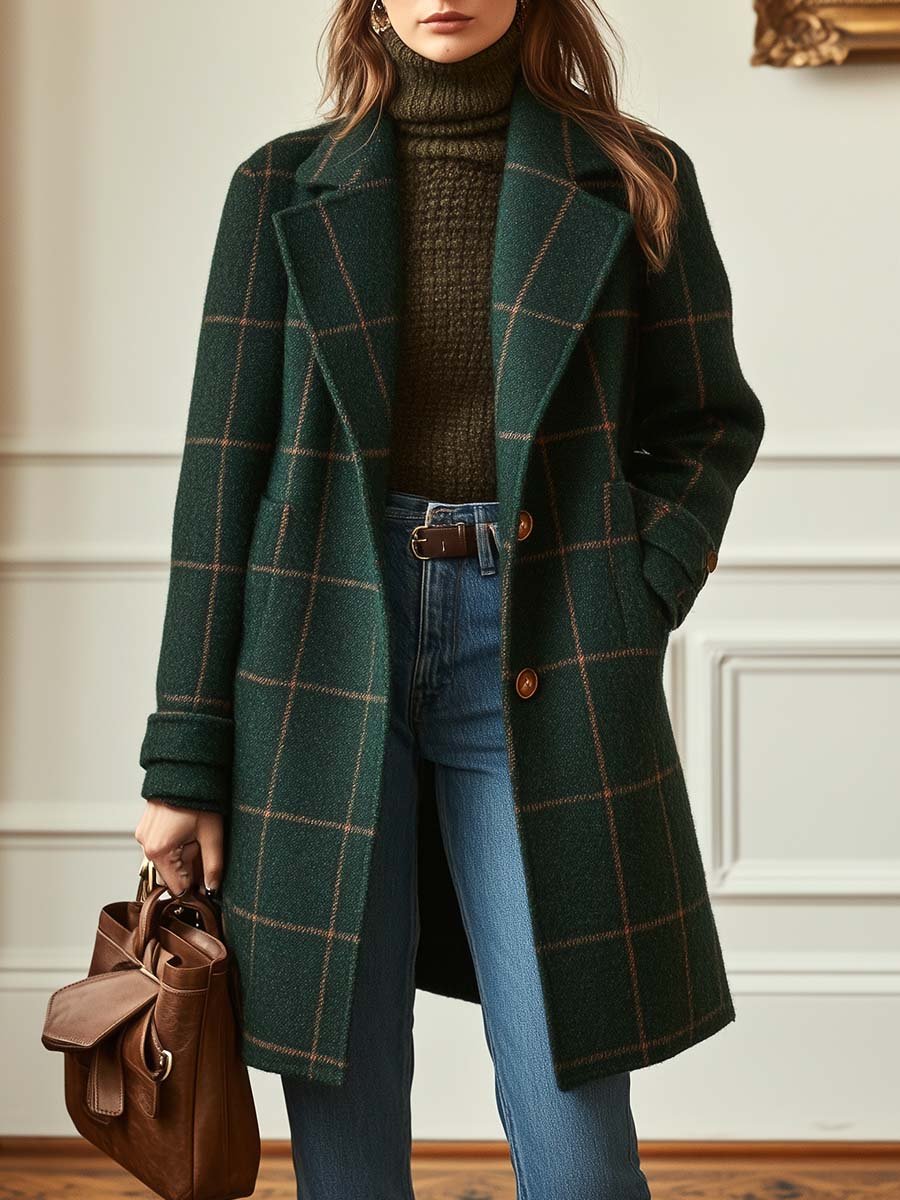 Dames Retro Revers Geruite Tweed Jas