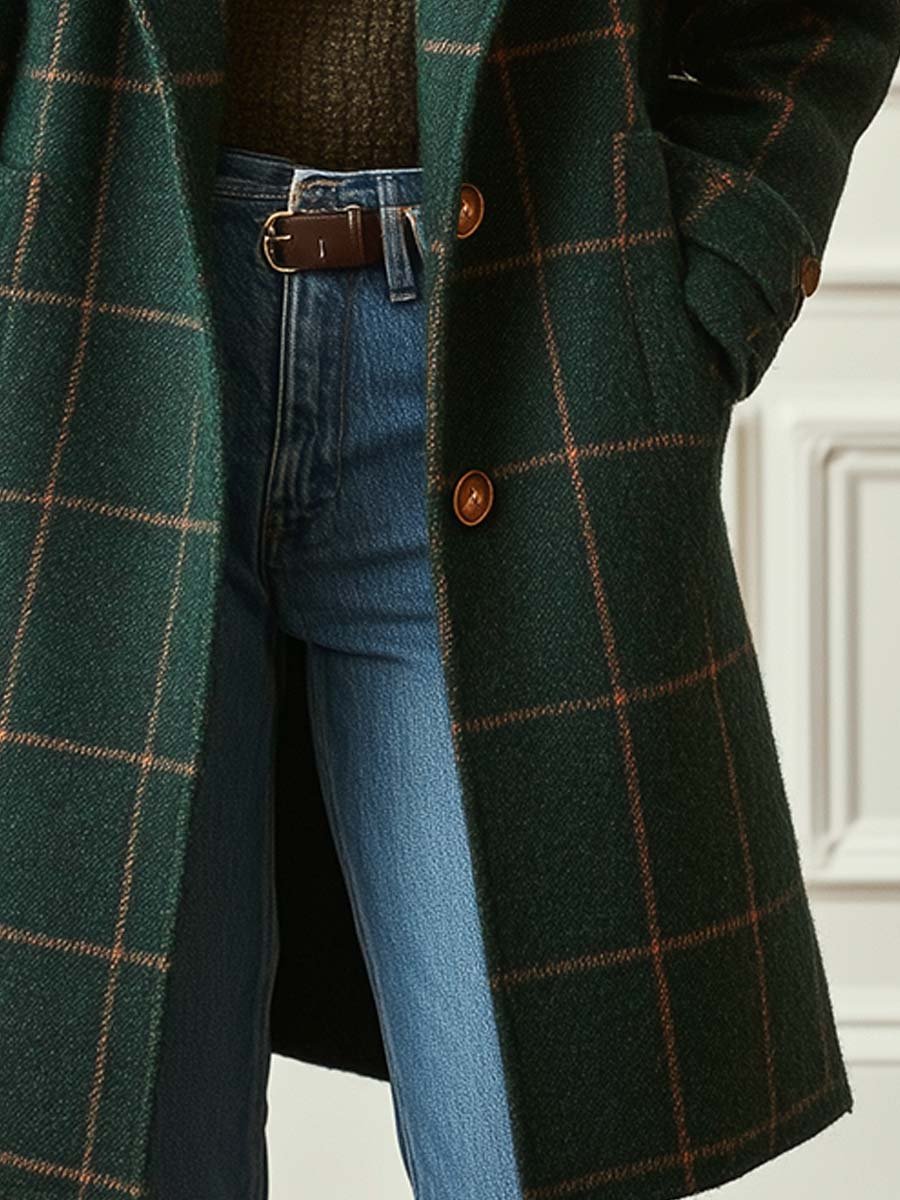 Dames Retro Revers Geruite Tweed Jas